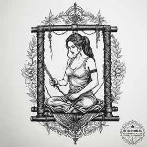 A person weaving a tapestry on a large loom.,... - эскиз тату (№1755119009_0, 13.08.2025 21:03) — tattoo-photo.ru