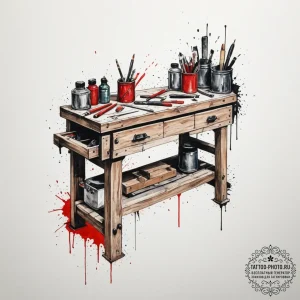 The organized clutter of a carpenter's workbe... - эскиз тату (№1755120802_0, 13.08.2025 21:33) — tattoo-photo.ru