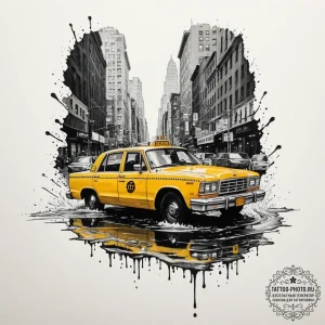 A yellow taxi cab speeding through a puddle i... - эскиз тату (№1755120999_0, 13.08.2025 21:36) — tattoo-photo.ru
