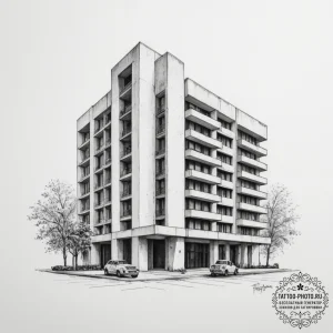 The stark, brutalist architecture of a govern... - эскиз тату (№1755126036_0, 13.08.2025 23:00) — tattoo-photo.ru