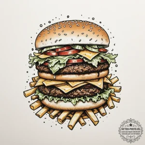 A juicy, gourmet cheeseburger with all the to... - эскиз тату (№1755127032_0, 13.08.2025 23:17) — tattoo-photo.ru