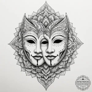 Tattoo design two halves of a theatre mask, o... - эскиз тату (№1755135670_0, 14.08.2025 01:41) — tattoo-photo.ru