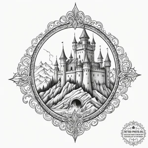 Tattoo design a stylized fortress or citadel,... - эскиз тату (№1755135868_0, 14.08.2025 01:44) — tattoo-photo.ru