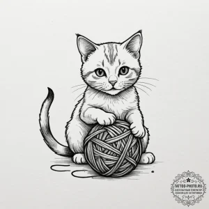 Tattoo design a small, mischievous cat playin... - эскиз тату (№1755137474_0, 14.08.2025 02:11) — tattoo-photo.ru