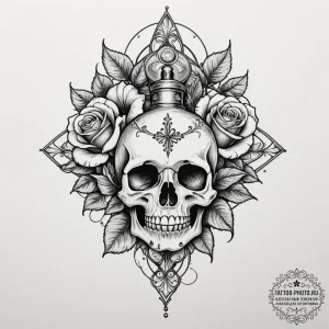 Tattoo design a vintage perfume bottle with a... - эскиз тату (№1755138885_0, 14.08.2025 02:34) — tattoo-photo.ru