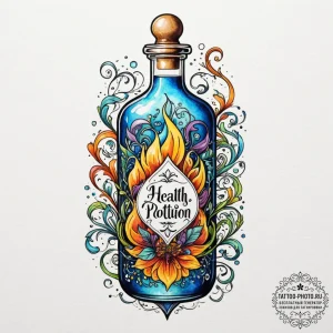 Tattoo sketch a glowing health potion bottle... - эскиз тату (№1755140085_0, 14.08.2025 02:54) — tattoo-photo.ru