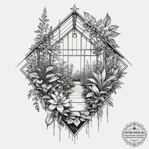 The interior of a greenhouse, humid and fille... - эскиз тату (№1755141478_0, 14.08.2025 03:17) — tattoo-photo.ru
