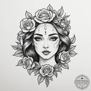 Persephone with a pomegranate, tattoo line ar... - эскиз тату (№1755142291_0, 14.08.2025 03:31) — tattoo-photo.ru