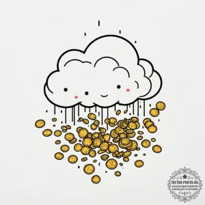 Tattoo sketch a pixelated cloud raining coins… — эскиз тату (№1755150454_0, 14.08.2025 05:47) — tattoo-photo.ru