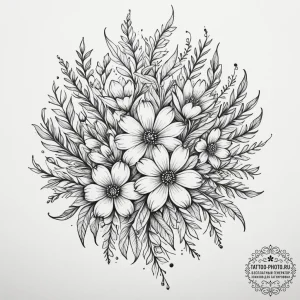 Tattoo design a cluster of wildflowers, each... - эскиз тату (№1755154199_0, 14.08.2025 06:49) — tattoo-photo.ru