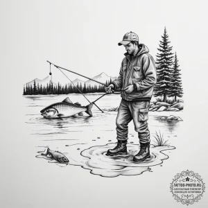 A person ice fishing on a vast, frozen lake.,... - эскиз тату (№1755161123_0, 14.08.2025 08:45) — tattoo-photo.ru