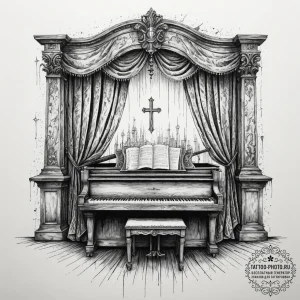 An abandoned, dusty ballroom with tattered cu... - эскиз тату (№1755162508_0, 14.08.2025 09:08) — tattoo-photo.ru