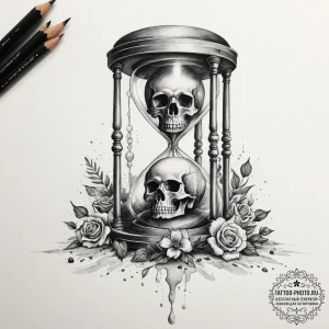 Hourglass with skulls instead of sand, ink il... - эскиз тату (№1755163294_0, 14.08.2025 09:21) — tattoo-photo.ru