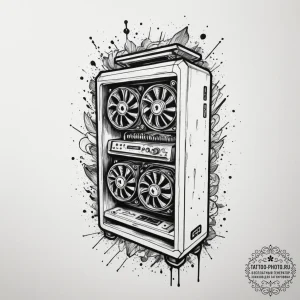 Tattoo sketch a gaming pc tower with glowing... - эскиз тату (№1755165468_0, 14.08.2025 09:57) — tattoo-photo.ru