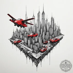 Dystopian city skyline with flying vehicles,... - эскиз тату (№1755166656_0, 14.08.2025 10:17) — tattoo-photo.ru