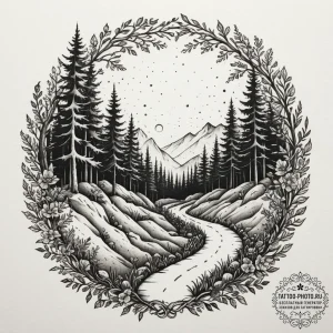 Tattoo design a winding path through a forest... - эскиз тату (№1755167446_0, 14.08.2025 10:30) — tattoo-photo.ru