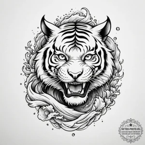Tiger grin, ink illustration for tattoo, on a... - эскиз тату (№1755172210_0, 14.08.2025 11:50) — tattoo-photo.ru