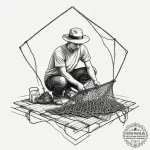 A person repairing a fishing net on a dock.,… — эскиз тату (№1755179033_0, 14.08.2025 13:43) — tattoo-photo.ru