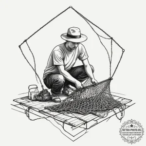 A person repairing a fishing net on a dock.,... - эскиз тату (№1755179033_0, 14.08.2025 13:43) — tattoo-photo.ru