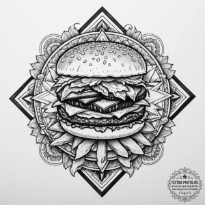 A juicy, gourmet cheeseburger with all the to... - эскиз тату (№1755179233_0, 14.08.2025 13:47) — tattoo-photo.ru