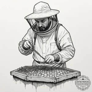 A beekeeper inspecting a honeycomb frame., in... - эскиз тату (№1755179634_0, 14.08.2025 13:53) — tattoo-photo.ru