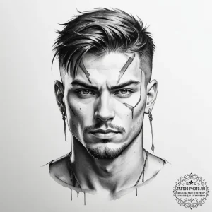 Tattoo design a strong, battle-hardened face,... - эскиз тату (№1755181657_0, 14.08.2025 14:27) — tattoo-photo.ru