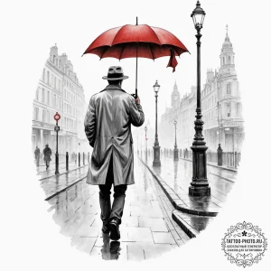 A lone figure with an umbrella walking down a... - эскиз тату (№1755187730_0, 14.08.2025 16:08) — tattoo-photo.ru