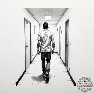 A cinematic shot of a person walking away dow... - эскиз тату (№1755190366_0, 14.08.2025 16:52) — tattoo-photo.ru