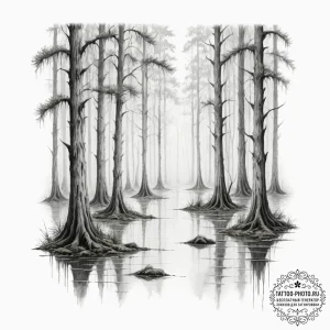 A dense, foggy swamp with spanish moss hangin... - эскиз тату (№1755191156_0, 14.08.2025 17:05) — tattoo-photo.ru