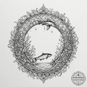 A shot of a salmon ladder at a dam, with fish... - эскиз тату (№1755196307_0, 14.08.2025 18:31) — tattoo-photo.ru