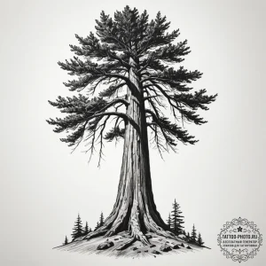 A low-angle shot of a massive redwood tree, e... - эскиз тату (№1755199457_0, 14.08.2025 19:24) — tattoo-photo.ru