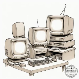 A 1980s office with bulky crt monitors, beige... - эскиз тату (№1755204840_0, 14.08.2025 20:54) — tattoo-photo.ru