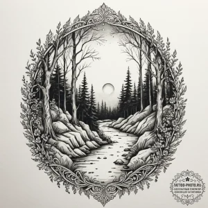 Tattoo design a tranquil forest path leading... - эскиз тату (№1755213853_0, 14.08.2025 23:24) — tattoo-photo.ru