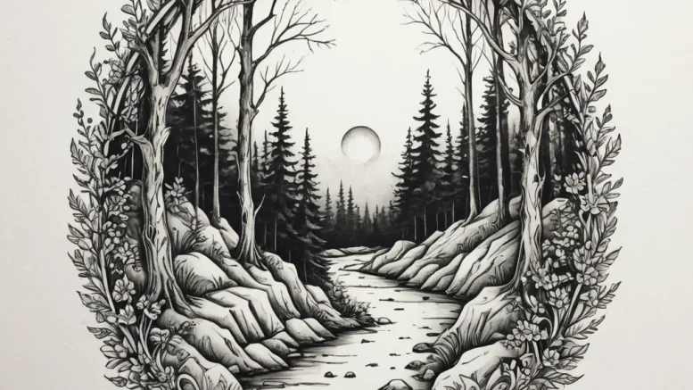 Tattoo design a tranquil forest path leading... - эскиз тату (№1755213853_0, 14.08.2025 23:24) — tattoo-photo.ru
