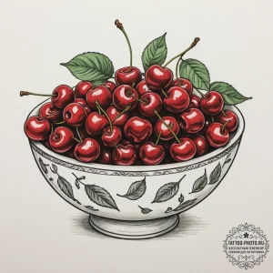 A bowl of ripe, red cherries., tattoo flash s... - эскиз тату (№1755220284_0, 15.08.2025 01:11) — tattoo-photo.ru