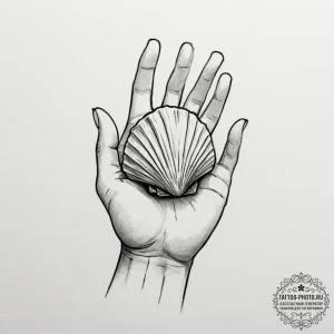 A hand holding a delicate, translucent seashe... - эскиз тату (№1755271129_0, 15.08.2025 15:18) — tattoo-photo.ru
