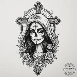Santa muerte, ink illustration for tattoo, on... - эскиз тату (№1755272547_0, 15.08.2025 15:42) — tattoo-photo.ru