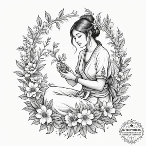 Tattoo design: a peaceful scene of mokosh ten... - эскиз тату (№1755274574_0, 15.08.2025 16:16) — tattoo-photo.ru