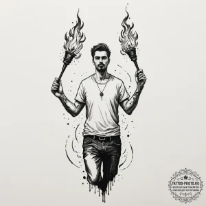 A street performer juggling flaming torches a... - эскиз тату (№1755276565_0, 15.08.2025 16:49) — tattoo-photo.ru