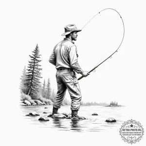A shot of a fly fisherman casting a line in a... - эскиз тату (№1755276764_0, 15.08.2025 16:52) — tattoo-photo.ru