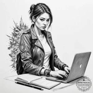 A journalist in a flak jacket, typing on a la... - эскиз тату (№1755280924_0, 15.08.2025 18:02) — tattoo-photo.ru