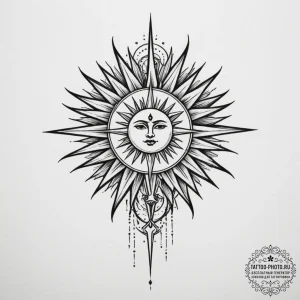 Tattoo sketch: a kolovrat integrated into a s... - эскиз тату (№1755283115_0, 15.08.2025 18:38) — tattoo-photo.ru