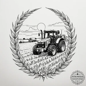 A shot of a farmer driving a combine harveste... - эскиз тату (№1755288877_0, 15.08.2025 20:14) — tattoo-photo.ru