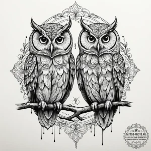 Tattoo sketch a pair of owls, symbolizing wis... - эскиз тату (№1755290279_0, 15.08.2025 20:37) — tattoo-photo.ru