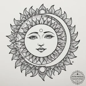Sun and moon, artistic tattoo sketch, on a cl... - эскиз тату (№1755301043_0, 15.08.2025 23:37) — tattoo-photo.ru