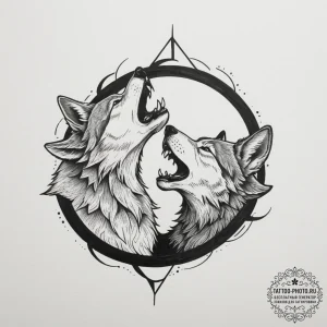 Tattoo sketch a pair of wolves howling togeth... - эскиз тату (№1755303828_0, 16.08.2025 00:23) — tattoo-photo.ru