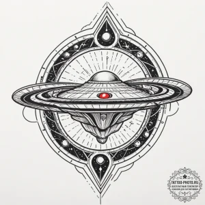 Tattoo sketch a stylized spaceship hovering o... - эскиз тату (№1755304226_0, 16.08.2025 00:30) — tattoo-photo.ru