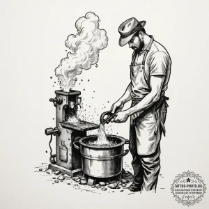 A blacksmith quenching a hot piece of metal i... - эскиз тату (№1755304819_0, 16.08.2025 00:40) — tattoo-photo.ru