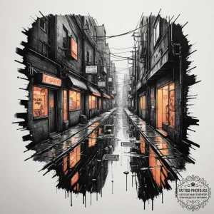 Tattoo sketch a cyberpunk alleyway with neon... - эскиз тату (№1755306842_0, 16.08.2025 01:14) — tattoo-photo.ru