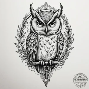 Owl with key, artistic tattoo sketch, on a cl... - эскиз тату (№1755307041_0, 16.08.2025 01:17) — tattoo-photo.ru